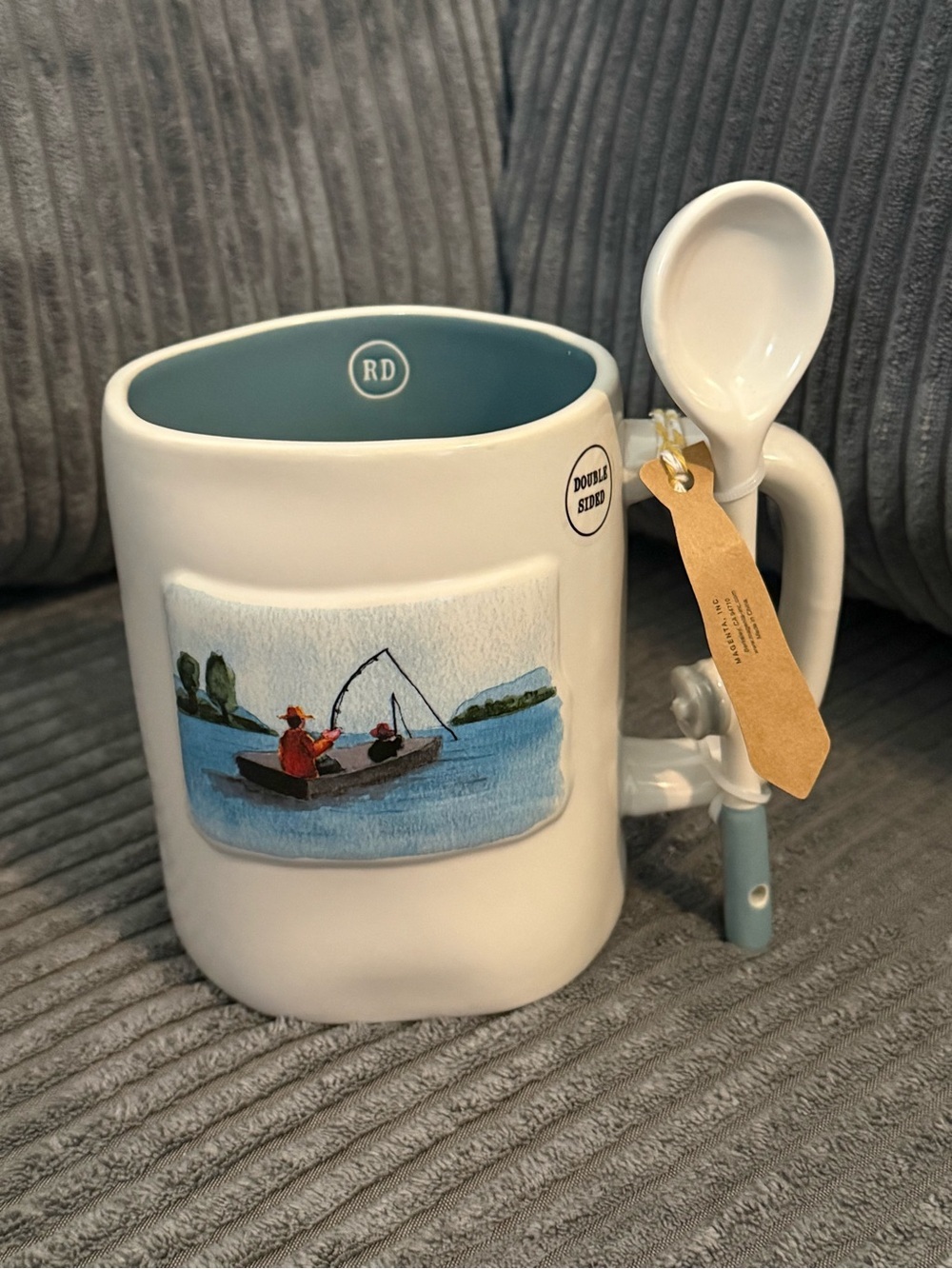 Rae Dunn White Ceramic Fishing Mug with Blue Interior and Spoon - Picture 3 of 6
